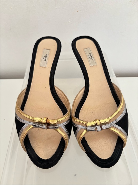 Prada Shoes - Prada Black, Gold & Silver Open-Toe Slide Embellished Heels